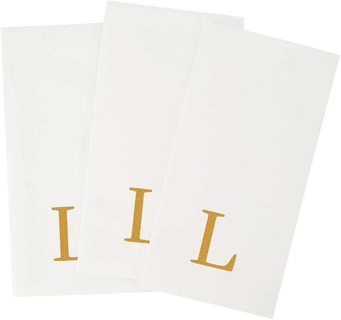 Luxenap 15.8 X 7.9 Inch Linen-Feel Guest Towels, 50 Lettered Hand Towels - Gold Letter 'L', Sans Serif Font, White Paper Dinner Napkins, airlaid, For Restrooms And Tables