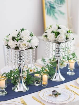 Silver Vase Stand Table: 13.8in Wedding Centerpieces, Set of 2 | High End Crystal Design Vase Stand for Wedding Party Reception Birthday Event Home, Tall Table Center Piece