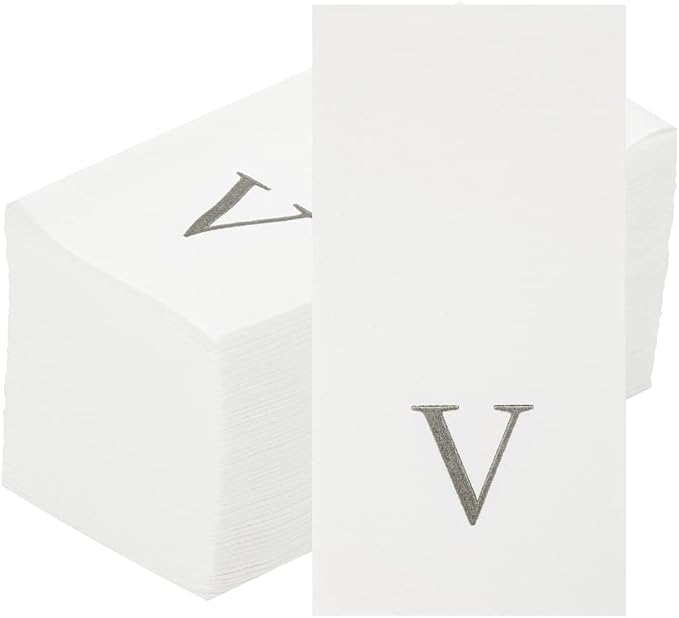 Luxenap 15.8 X 7.9 Inch Linen-Feel Guest Towels, 50 Lettered Hand Towels - Silver Letter 'V', Sans Serif Font, White Paper Dinner Napkins, airlaid, For Restrooms And Tables - Restaurantware