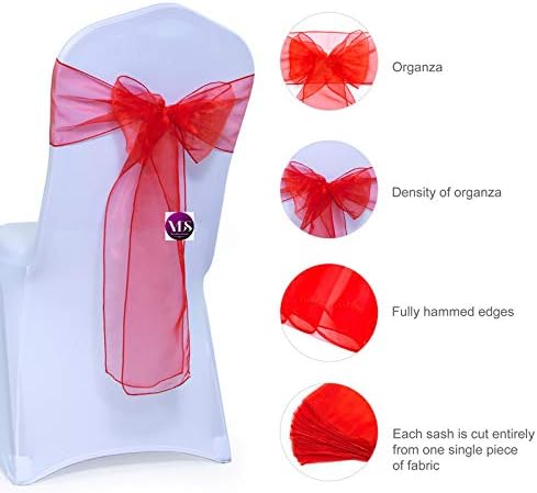 VDS Pack of 250 Organza Chair Sashes for Weddings & Events Décor | Sheer Shiny Dining Chair Bows for Banquet, Party, Reception | Reusable Decorative Sash for Folding & Chiavari Chairs - Red