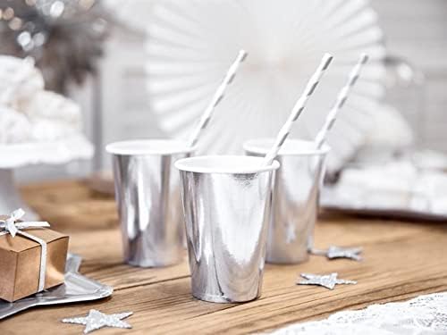 ALINK 100 Silver and White Striped Paper Straws, Biodegradable Disposable Drinking Straws for Christmas, Brithday, New Year, Party Decoration Supplies