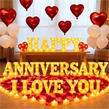 Happy Anniversary Decorations, I Love You Light up Letters Sign, with Rose Petals, Round Pearlescent Balloon, Aluminum Balloons, Table Decor for Wedding Romantic Party