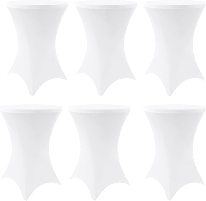 Moosfor Spandex Cocktail Table Covers 6 Pack, Elastic Fitted Stretch Table Cloth, Round High Top Tablecloths for Bar, Party, Pub, Wedding & Banquet (White, 32x43 Inch)