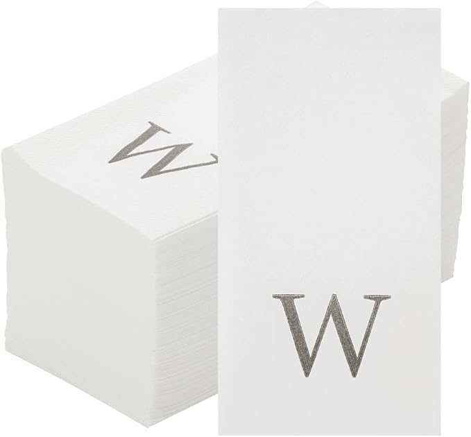 Luxenap 15.8 X 7.9 Inch Linen-Feel Guest Towels, 50 Lettered Hand Towels - Silver Letter 'W', Sans Serif Font, White Paper Dinner Napkins, airlaid, For Restrooms And Tables - Restaurantware