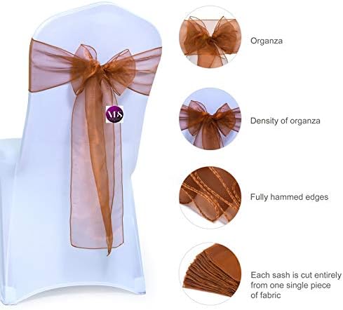 VDS Pack of 100 Organza Chair Sashes for Weddings & Events Décor | Sheer Shiny Dining Chair Bows for Banquet, Party, Reception | Reusable Decorative Sash for Folding & Chiavari Chairs - Bronze