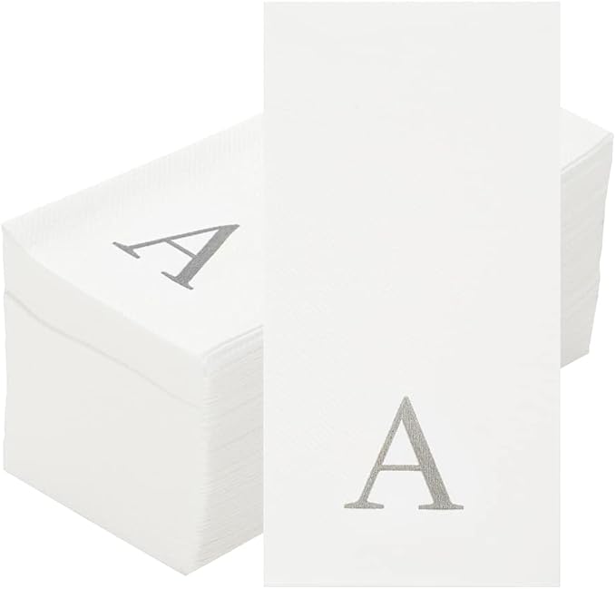 Luxenap 15.8 X 7.9 Inch Linen-Feel Guest Towels, 50 Lettered Hand Towels - Silver Letter 'A', Sans Serif Font, White Paper Dinner Napkins, airlaid, For Restrooms And Tables - Restaurantware