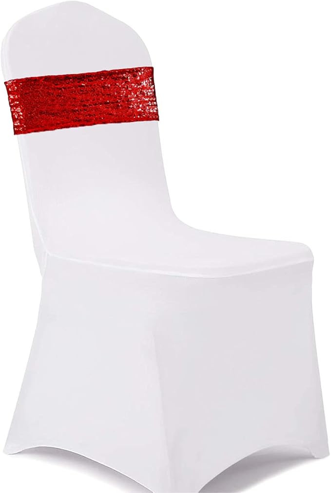 Eternal Beauty Pack of 30 Red Sequin Chair Sash Bands Bows Chair Sashes for Wedding Cover Decorations