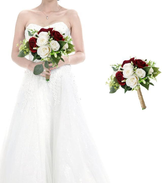 Bridesmaid Bouquet Flower for Wedding - 7 Inch Artificial Flower Bouquet for Bridesmaids Bridal Shower Party Ceremony Anniversary Table Centerpieces Decor - Burgundy & White