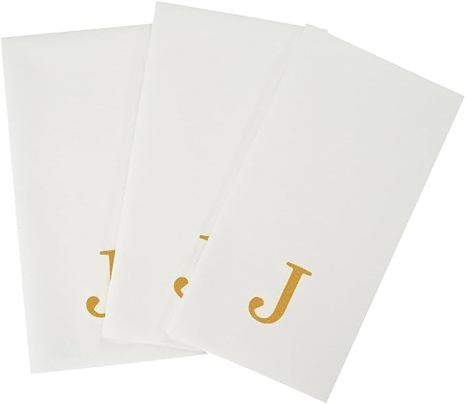 Luxenap 15.8 X 7.9 Inch Linen-Feel Guest Towels, 2000 Lettered Hand Towels - Gold Letter 'J', Sans Serif Font, White Paper Dinner Napkins, airlaid, For Restrooms And Tables