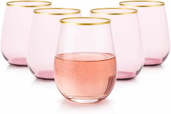Oojami 40 Pack Diamond Disposable Wine Glasses Stemless 12 oz - Unbreakable Shatterproof BPA-Free, Reusable Recyclable Wine Cups for Wedding Birthday Party Cocktail Whiskey Champagne Pink Matte Gold