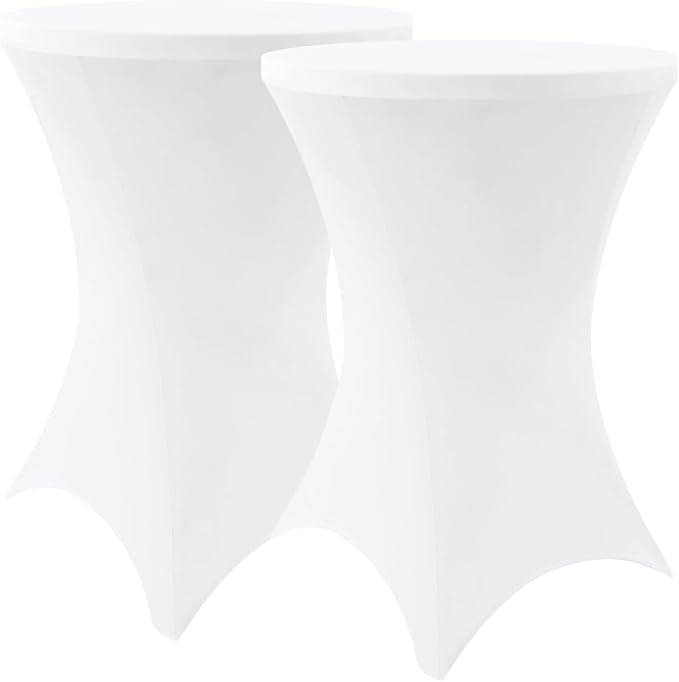 Moosfor Spandex Cocktail Table Covers 2 Pack, Elastic Fitted Stretch Table Cloth, Round High Top Tablecloths for Bar, Party, Pub, Wedding & Banquet (White, 32x43 Inch)