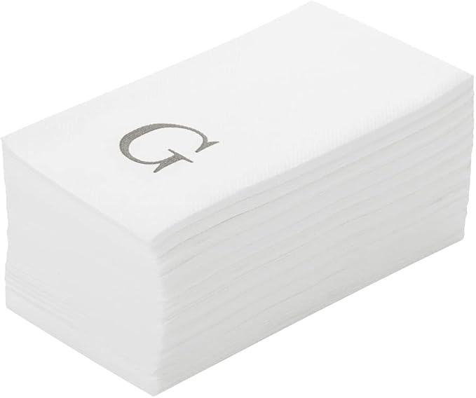 Luxenap 15.8 X 7.9 Inch Linen-Feel Guest Towels, 50 Lettered Hand Towels - Silver Letter 'G', Sans Serif Font, White Paper Dinner Napkins, airlaid, For Restrooms And Tables - Restaurantware