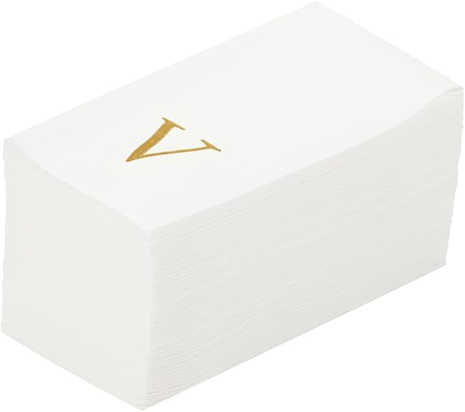 Luxenap 15.8 X 7.9 Inch Linen-Feel Guest Towels, 50 Lettered Hand Towels - Gold Letter 'V', Sans Serif Font, White Paper Dinner Napkins, airlaid, For Restrooms And Tables