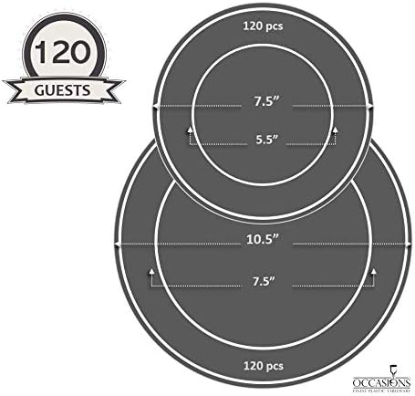 OCCASIONS 240 Fancy Black Gold Disposable Plastic Plates for 120 Guests, Heavy Duty Dinnerware, Looks Like Real China, Wedding Party, 10.5" Dinner + 7.5" Salad/Dessert, BPA-Free (Ritz Black and Gold)