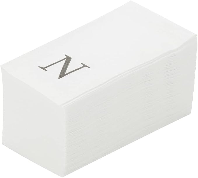 Luxenap 15.8 X 7.9 Inch Linen-Feel Guest Towels, 50 Lettered Hand Towels - Silver Letter 'N', Sans Serif Font, White Paper Dinner Napkins, airlaid, For Restrooms And Tables - Restaurantware