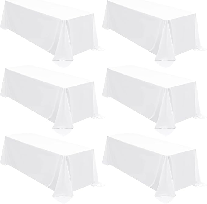 Fani 6 Pack 90 x 132 Inch White Polyester Tablecloths for 6ft Rectangle Tables, Wrinkle & Stain Resistant, Classic Style, Perfect for Formal & Casual Settings