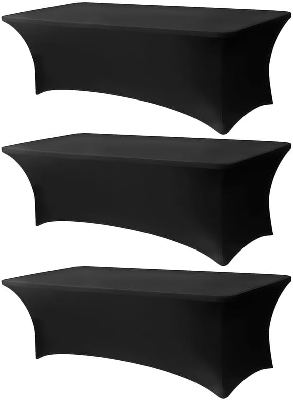 3 Pack 8FT Rectangular Spandex Tablecloth,Wrinkle Resistant Fitted Cover for 96x30 inch Banquet Table Cloth, Washable Stretch Fabric for Party, Events, Wedding, Vendor - Black