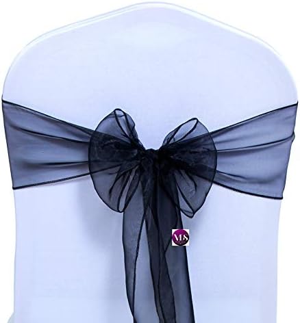 VDS Pack of 25 Organza Chair Sashes for Weddings & Events Décor | Sheer Shiny Dining Chair Bows for Banquet, Party, Reception | Reusable Decorative Sash for Folding & Chiavari Chairs - Black