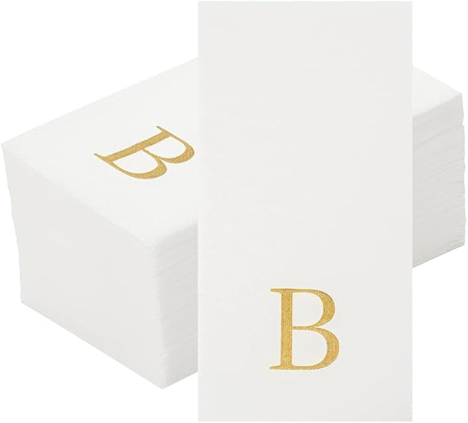 Luxenap 15.8 X 7.9 Inch Linen-Feel Guest Towels, 50 Lettered Hand Towels - Gold Letter 'B', Sans Serif Font, White Paper Dinner Napkins, airlaid, For Restrooms And Tables - Restaurantware