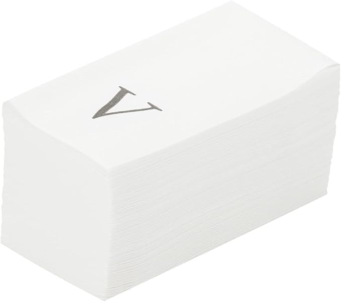 Luxenap 15.8 X 7.9 Inch Linen-Feel Guest Towels, 50 Lettered Hand Towels - Silver Letter 'V', Sans Serif Font, White Paper Dinner Napkins, airlaid, For Restrooms And Tables - Restaurantware