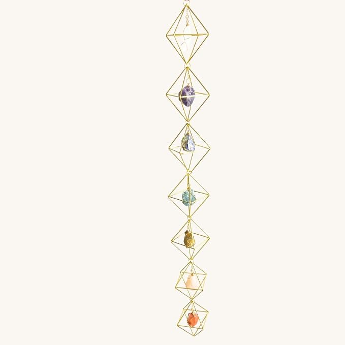 7 Chakra Raw Crystal Hanging Ornament Gift, Spiritual Boho Decor, Gold Rhombus Cage Natural Stones Amethyst Suncatcher, Rose Quartz Healing Genuine Crystal (Gold Rhombus)