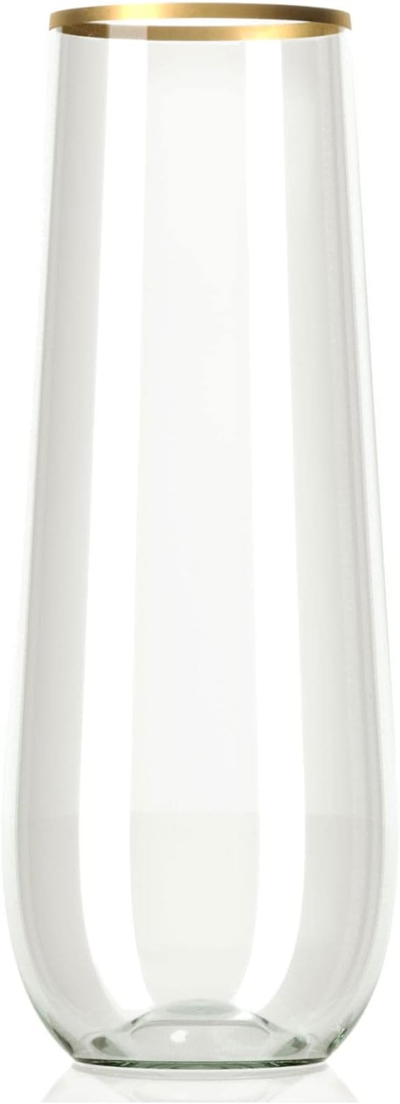 30 Plastic Stemless Champagne Flutes - Disposable Unbreakable 9 Oz toasting glasses, With Gold rim | Reusable, Clear, Fancy & Shatterproof Champagne Glasses - Ideal for Weddings, Birthdays, Parties