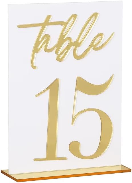 Wedding Table Numbers 1-15, White Acrylic with Gold Text, Freestanding with Base