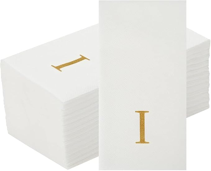 Luxenap 15.8 X 7.9 Inch Linen-Feel Guest Towels, 50 Lettered Hand Towels - Gold Letter 'I', Sans Serif Font, White Paper Dinner Napkins, airlaid, For Restrooms And Tables