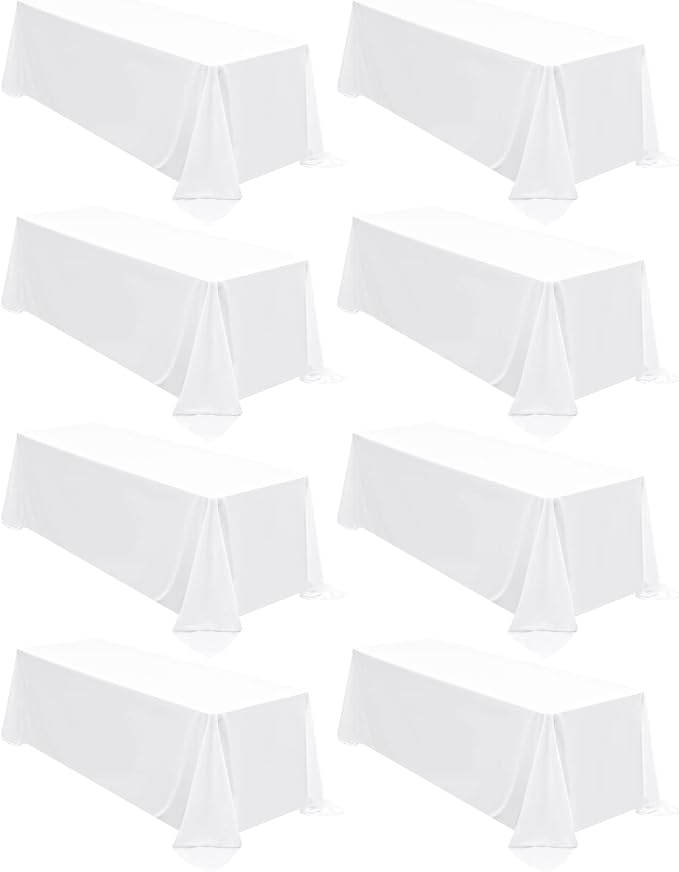Fani 8 Pack 90 x 132 Inch White Polyester Tablecloths, Rectangular, Classic, Solid, Wrinkle & Stain Resistant, Machine Washable, Perfect for 6ft Tables, Formal & Casual Events