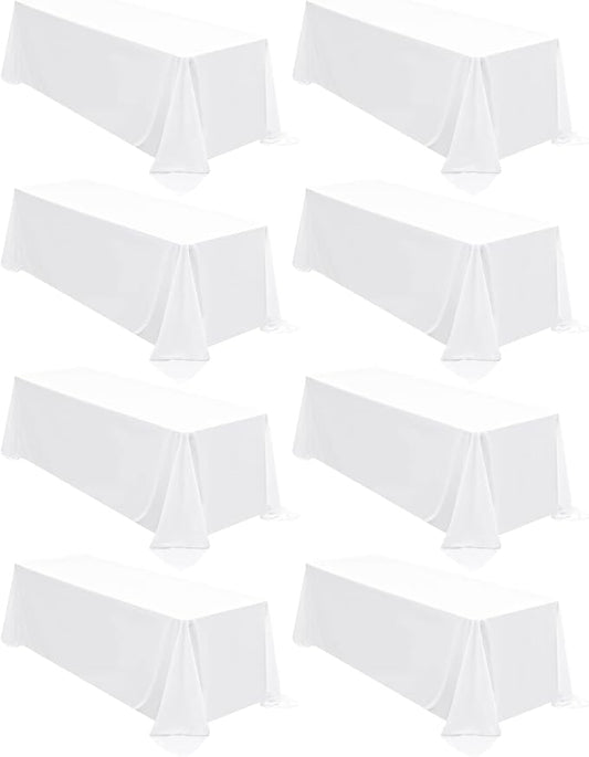 Fani 8 Pack 90 x 132 Inch White Polyester Tablecloths, Rectangular, Classic, Solid, Wrinkle & Stain Resistant, Machine Washable, Perfect for 6ft Tables, Formal & Casual Events