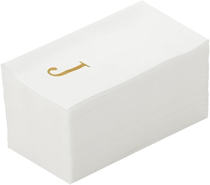 Luxenap 15.8 X 7.9 Inch Linen-Feel Guest Towels, 2000 Lettered Hand Towels - Gold Letter 'J', Sans Serif Font, White Paper Dinner Napkins, airlaid, For Restrooms And Tables