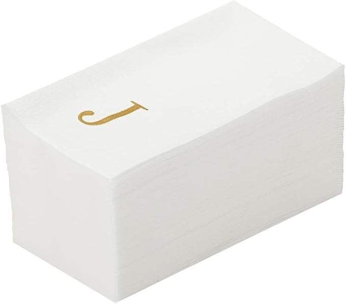 Luxenap 15.8 X 7.9 Inch Linen-Feel Guest Towels, 50 Lettered Hand Towels - Gold Letter 'J', Sans Serif Font, White Paper Dinner Napkins, airlaid, For Restrooms And Tables