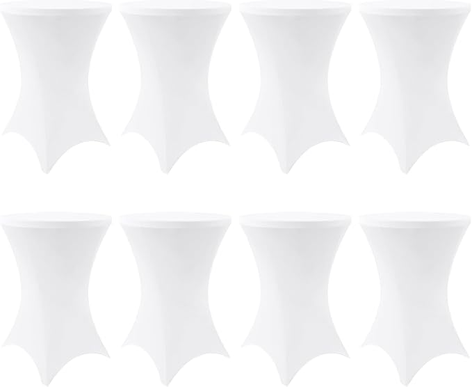 Moosfor Spandex Cocktail Table Covers 8 Pack, Elastic Fitted Stretch Table Cloth, Round High Top Tablecloths for Bar, Party, Pub, Wedding & Banquet (White, 32x43 Inch)