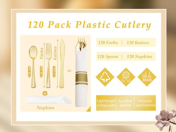 Supernal 120Pack Gold Plastic Silverware Wrapped Plastic Cutlery Set with Napkin,Pre Rolled Napkins with Cutlery Set,Rolled Silverware Disposable For Valentine's Day Mother's Day and Easter