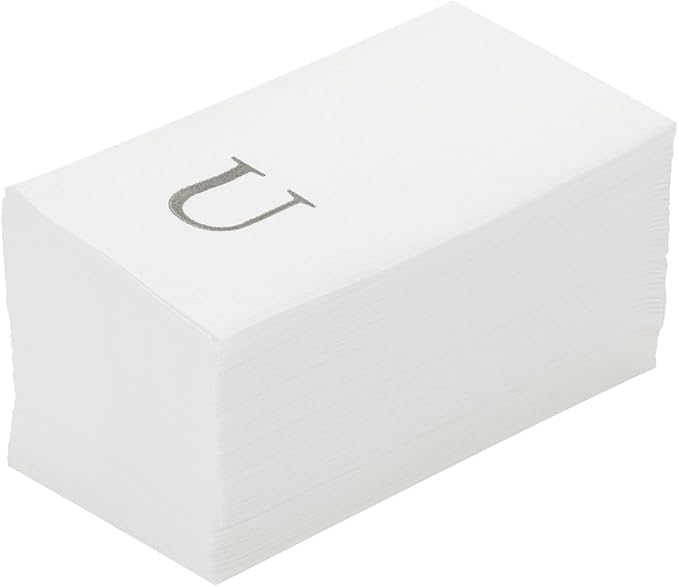 Luxenap 15.8 X 7.9 Inch Linen-Feel Guest Towels, 50 Lettered Hand Towels - Silver Letter 'U', Sans Serif Font, White Paper Dinner Napkins, airlaid, For Restrooms And Tables - Restaurantware