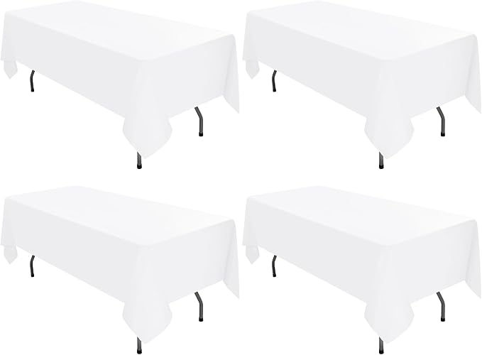 4 Pack White Tablecloths for 8ft Rectangle Tables 60 x 126 Inch - Polyester Table Cover Stain and Wrinkle Resistant Washable Fabric Table Clothes for Wedding Party Banquet Reception Restaurant