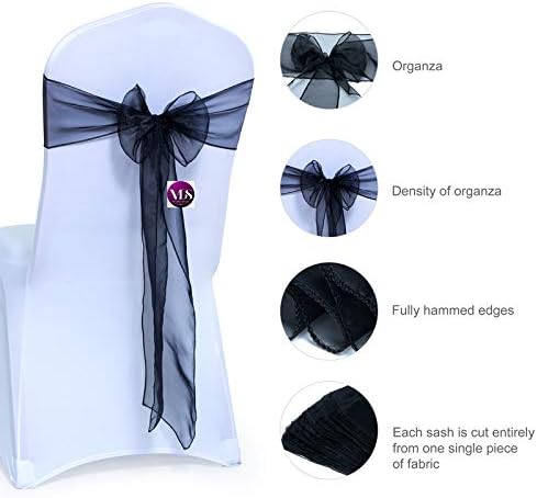 VDS Pack of 25 Organza Chair Sashes for Weddings & Events Décor | Sheer Shiny Dining Chair Bows for Banquet, Party, Reception | Reusable Decorative Sash for Folding & Chiavari Chairs - Black