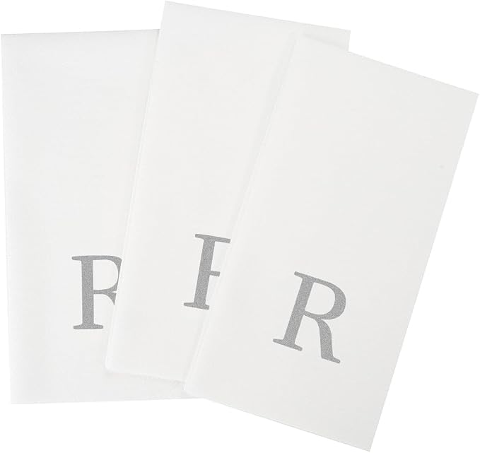 Luxenap 15.8 X 7.9 Inch Linen-Feel Guest Towels, 50 Lettered Hand Towels - Silver Letter 'R', Sans Serif Font, White Paper Dinner Napkins, airlaid, For Restrooms And Tables - Restaurantware