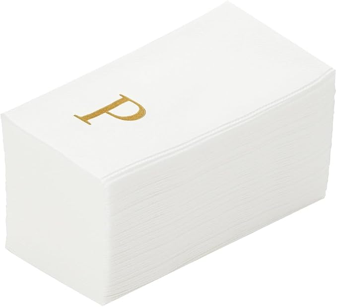 Luxenap 15.8 X 7.9 Inch Linen-Feel Guest Towels, 2000 Lettered Hand Towels - Gold Letter 'P', Sans Serif Font, White Paper Dinner Napkins, airlaid, For Restrooms And Tables
