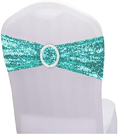 Sequin Chair Sashes Spandex, Pack of 50 Sequin Stretch with Buckle Chair Bands for Wedding Banquet Birthday Graduation Party Anniversary Prom Celebration Chair Decorations (Aqua, 50pcs)