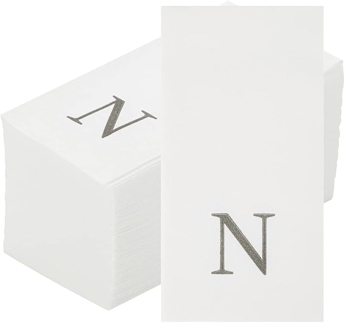 Luxenap 15.8 X 7.9 Inch Linen-Feel Guest Towels, 50 Lettered Hand Towels - Silver Letter 'N', Sans Serif Font, White Paper Dinner Napkins, airlaid, For Restrooms And Tables - Restaurantware