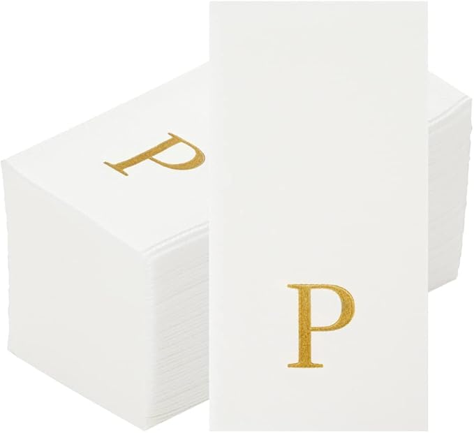 Luxenap 15.8 X 7.9 Inch Linen-Feel Guest Towels, 50 Lettered Hand Towels - Gold Letter 'P', Sans Serif Font, White Paper Dinner Napkins, airlaid, For Restrooms And Tables