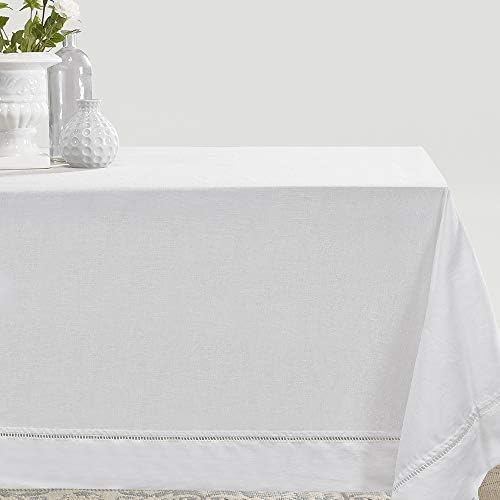 Simple&Opulence Premium 100% Linen Hemstitch Tablecloth-60 x 120 Inch White, Natural Fabric, Rectangular Tablecloth for Indoor and Outdoor Use