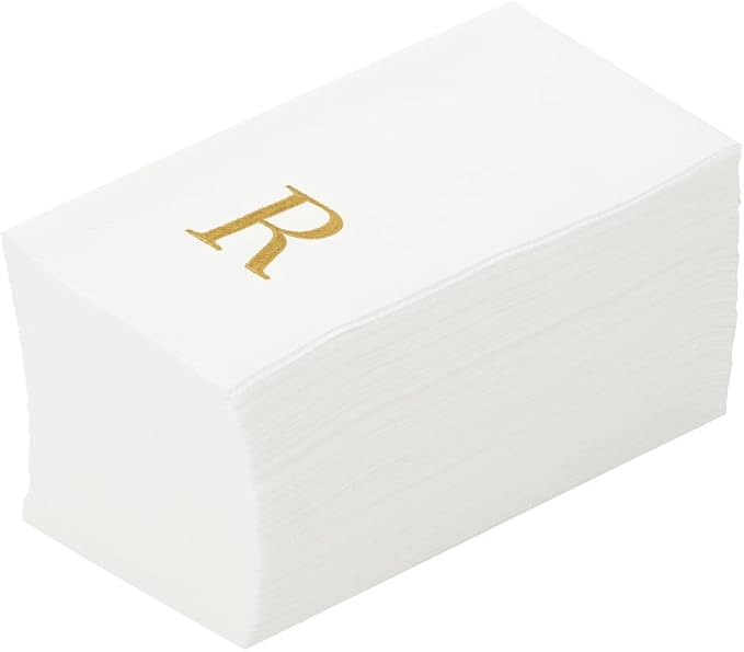 Luxenap 15.8 X 7.9 Inch Linen-Feel Guest Towels, 50 Lettered Hand Towels - Gold Letter 'R', Sans Serif Font, White Paper Dinner Napkins, airlaid, For Restrooms And Tables