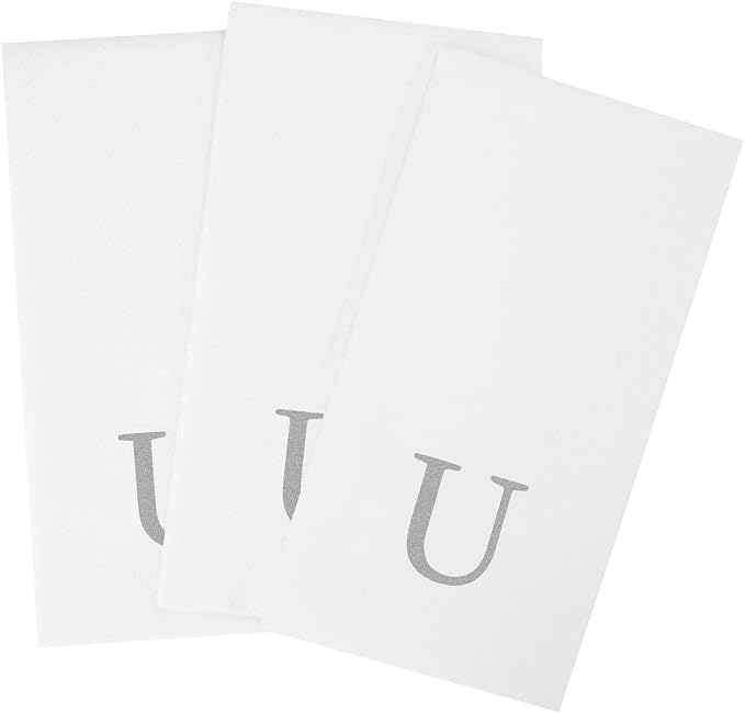 Luxenap 15.8 X 7.9 Inch Linen-Feel Guest Towels, 50 Lettered Hand Towels - Silver Letter 'U', Sans Serif Font, White Paper Dinner Napkins, airlaid, For Restrooms And Tables - Restaurantware