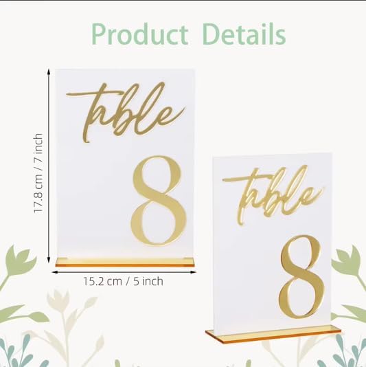 Wedding Table Numbers 1-15, White Acrylic with Gold Text, Freestanding with Base