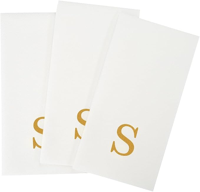 Luxenap 15.8 X 7.9 Inch Linen-Feel Guest Towels, 2000 Lettered Hand Towels - Gold Letter 'S', Sans Serif Font, White Paper Dinner Napkins, airlaid, For Restrooms And Tables