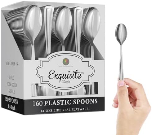 Exquisite Silver Plastic Tea Spoons Heavy Duty 160 Pieces Silver Plastic Silverware Heavy Duty Disposable Silverware Set, Disposable Tea Spoons Eating Utensils Sets Flatware Set For Parties & Events