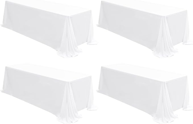 4 Pack White Tablecloths for 8ft Rectangle Tables 90 x 156 Inch - Polyester Table Cover Stain and Wrinkle Resistant Washable Fabric Table Clothes for Wedding Party Banquet Reception Restaurant