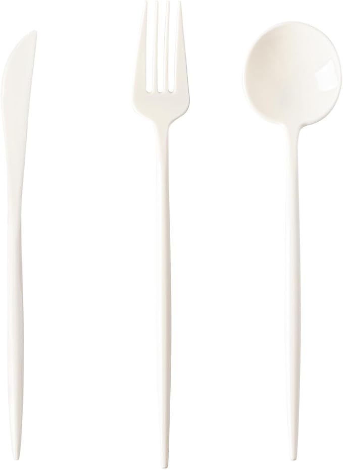 180PCS Ivory Plastic Silverware,Heavy Duty Disposable Utensils Include 60 Forks,60 Spoons and 60 Knives,Ivory Cutlery Plastic Silverware Sets for Party, Birthday,Wedding